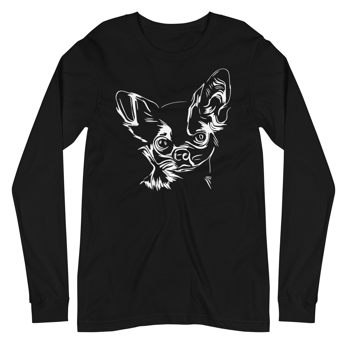 White line Chihuahua face on unisex black long sleeve t-shirt
