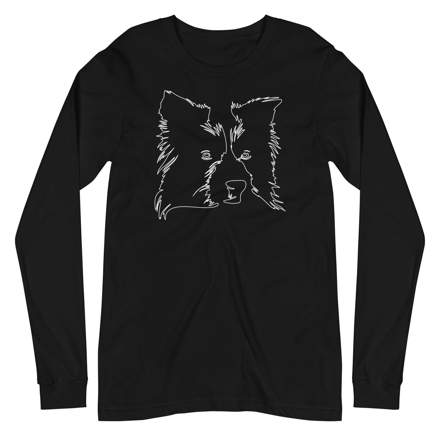 White line Border Collie face on unisex black long sleeve t-shirt