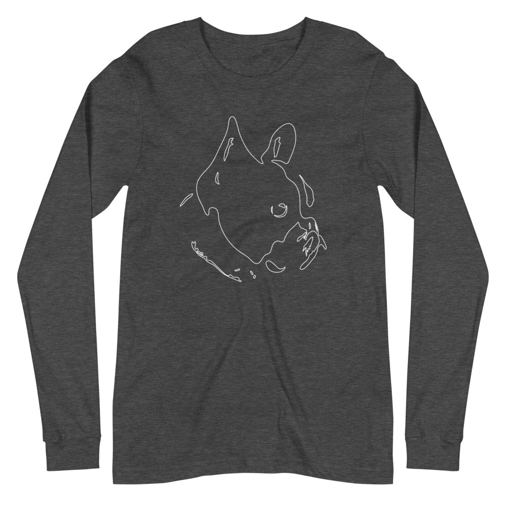 White line French Bulldog face on unisex dark grey heather long sleeve t-shirt