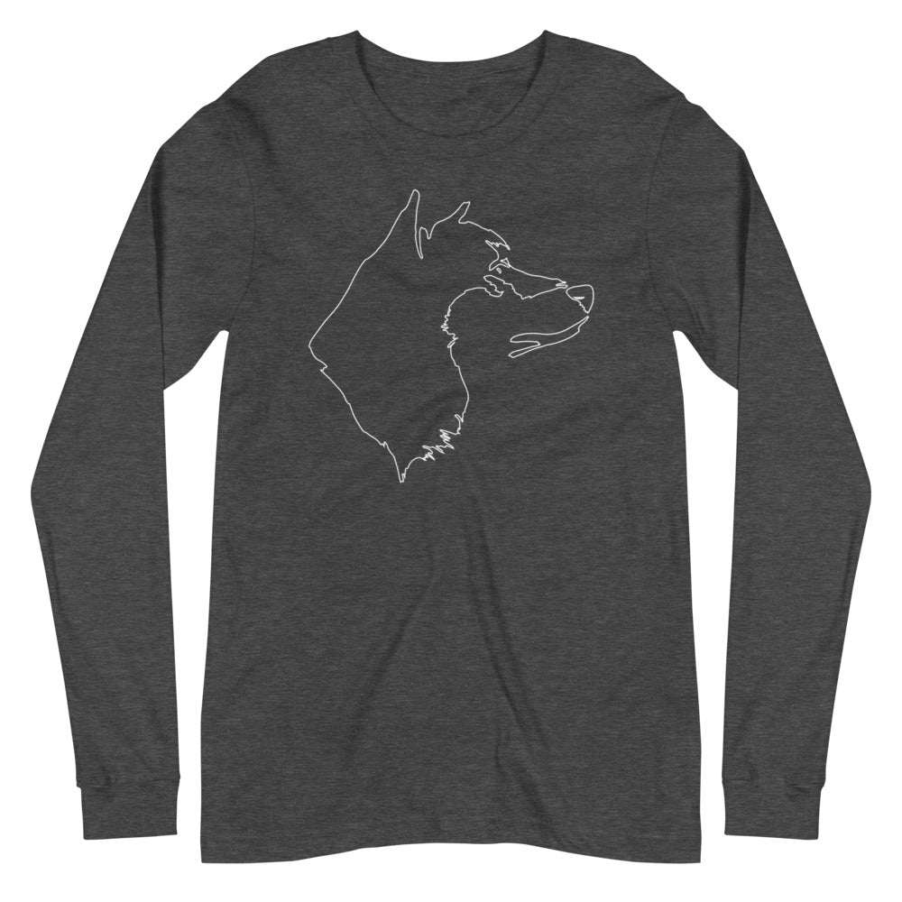 White line Akita face on unisex dark grey heather long sleeve t-shirt