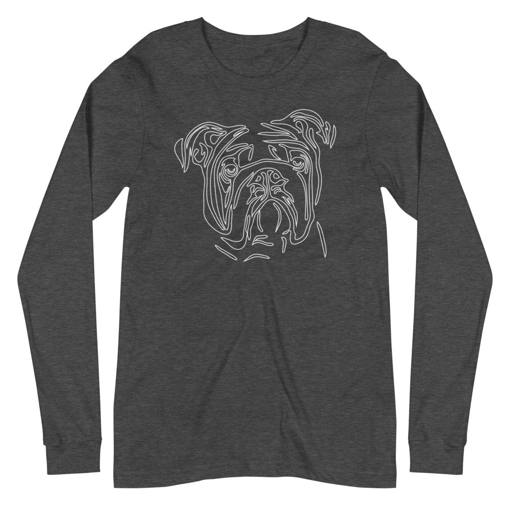 White line Bulldog face on unisex dark gray heather long sleeve t-shirt