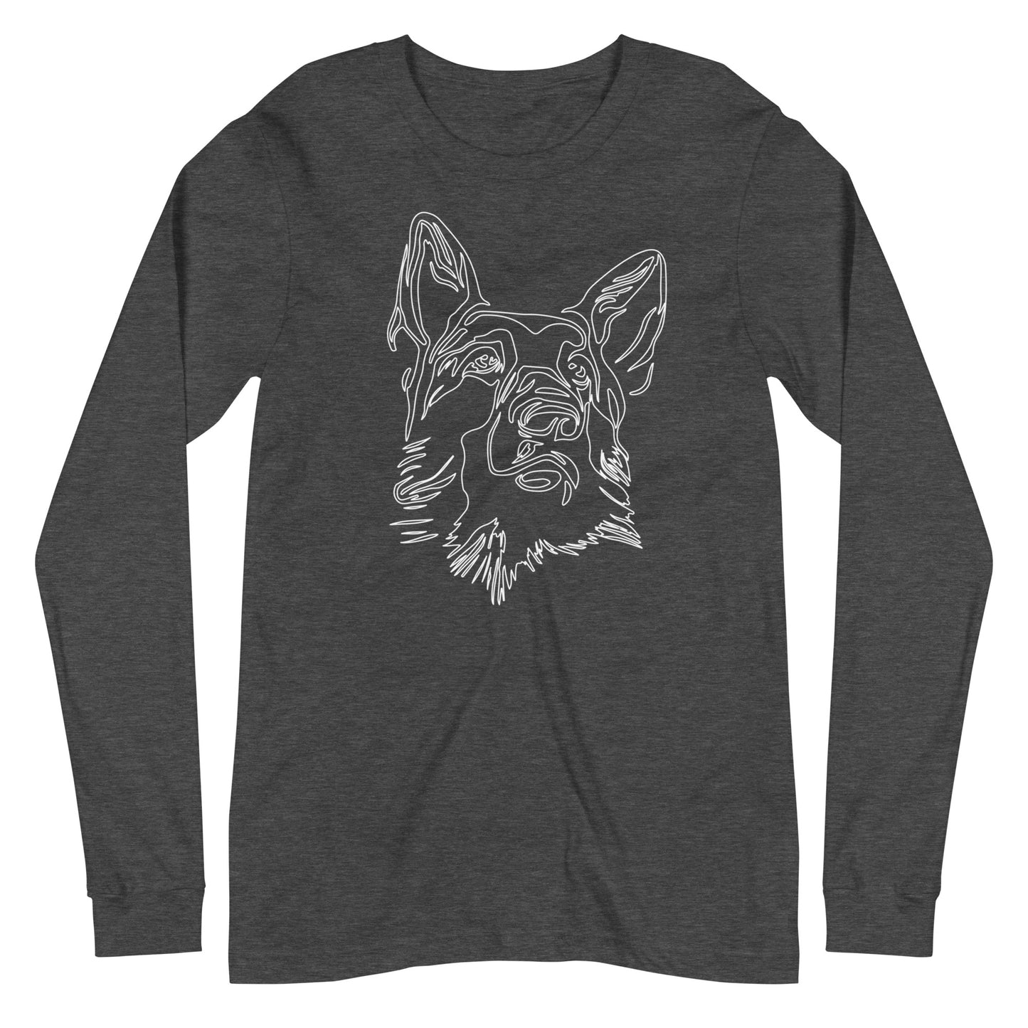 White line German Shepherd face on unisex dark grey heather long sleeve t-shirt