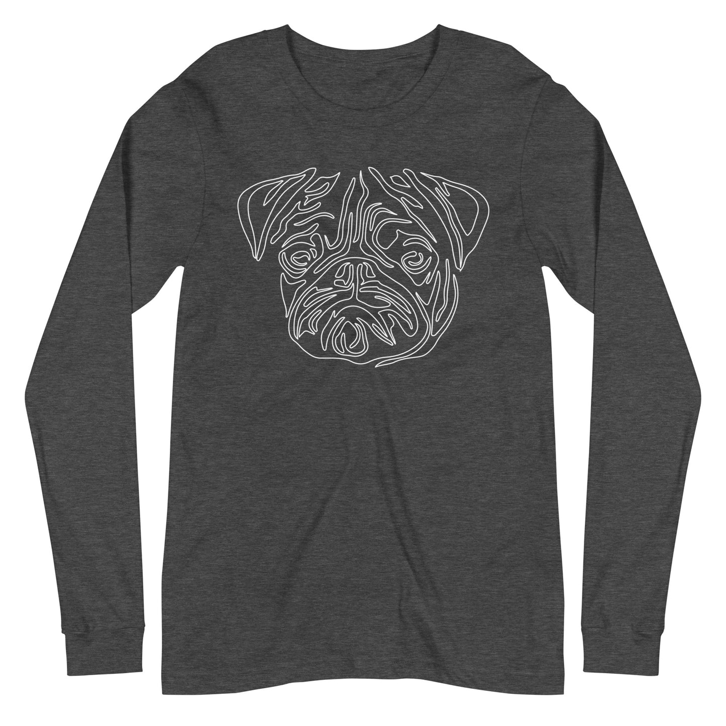 White line Pug face on unisex dark grey heather long sleeve t-shirt