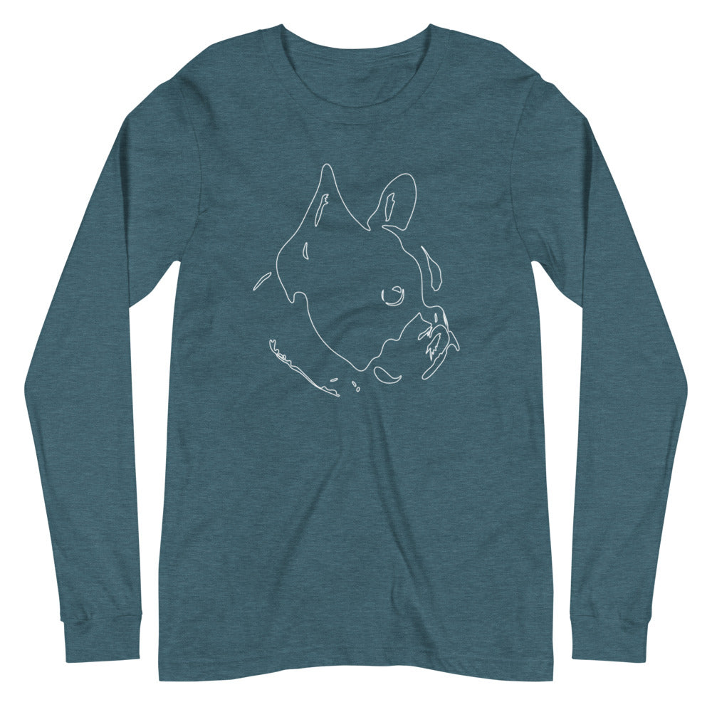 White line French Bulldog face on unisex heather deep teal long sleeve t-shirt