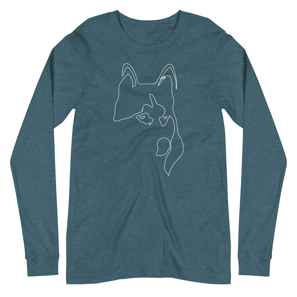 White line Siberian Husky face on unisex heather deep teal long sleeve t-shirt