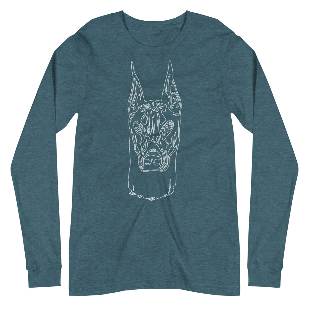 White line Doberman face on unisex heather deep teal long sleeve t-shirt