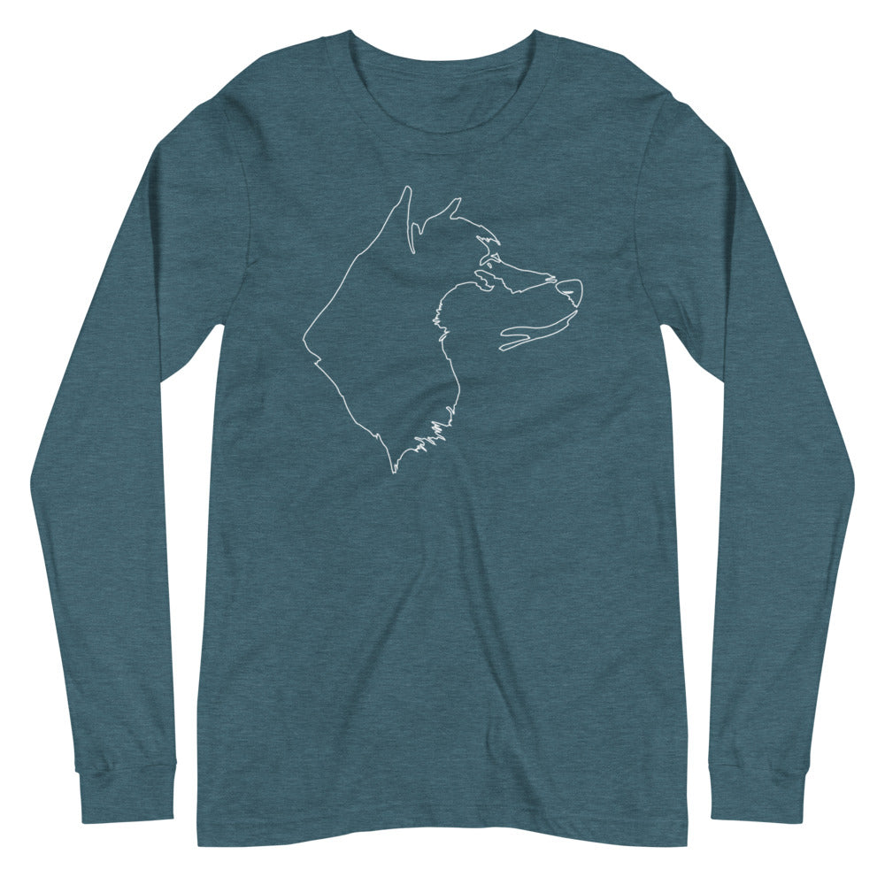 White line Akita face on unisex heather deep teal long sleeve t-shirt