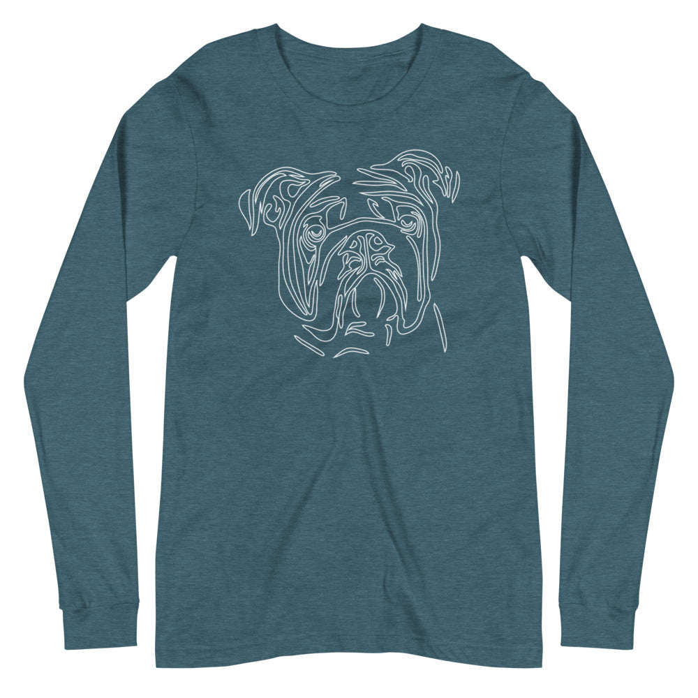 White line Bulldog face on unisex heather deep teal long sleeve t-shirt