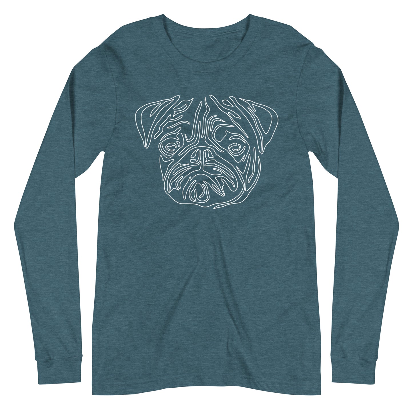 White line Pug face on unisex heather deep teal long sleeve t-shirt