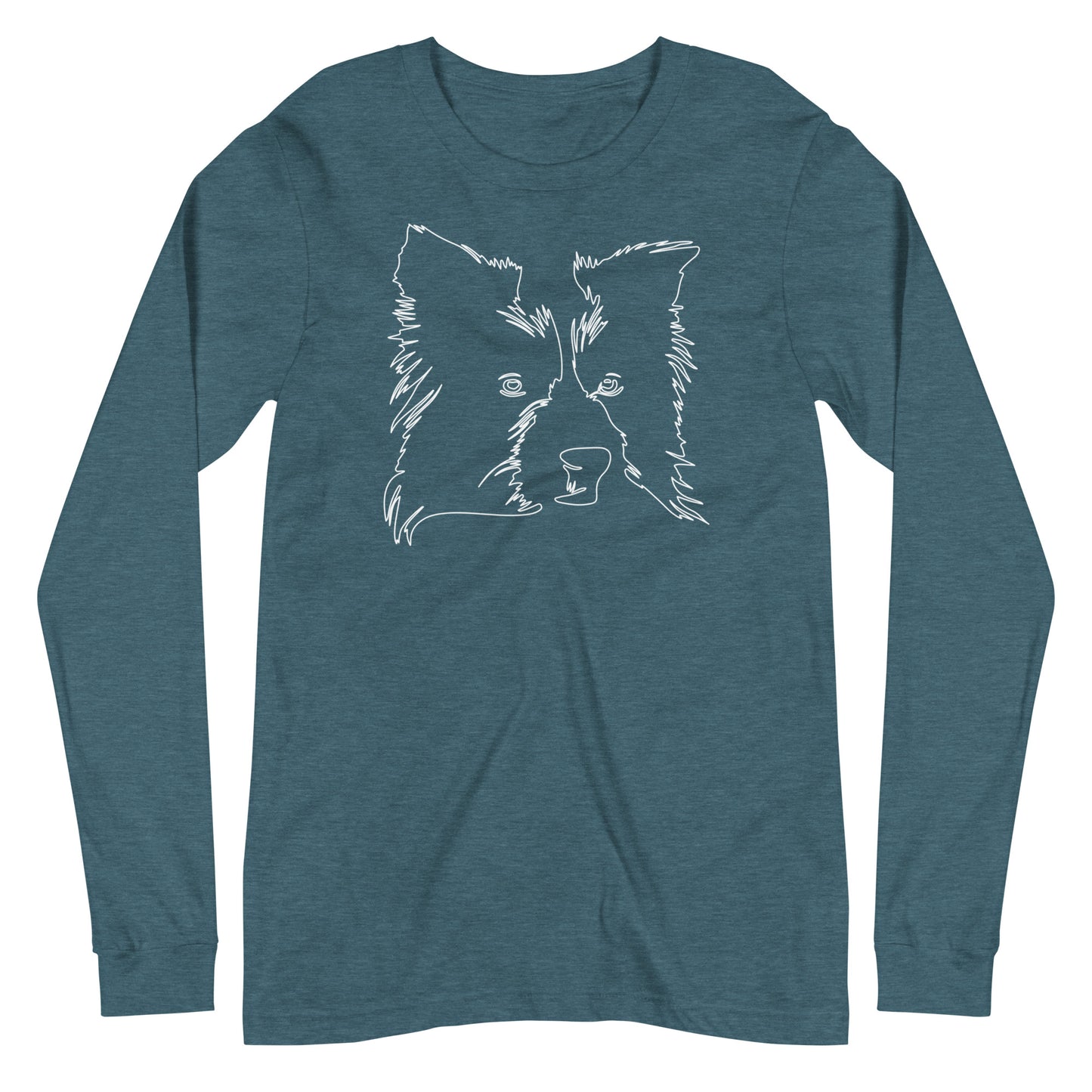 White line Border Collie face on unisex heather deep teal long sleeve t-shirt