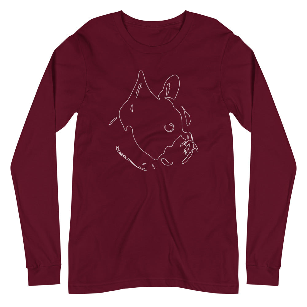 White line French Bulldog face on unisex maroon long sleeve t-shirt