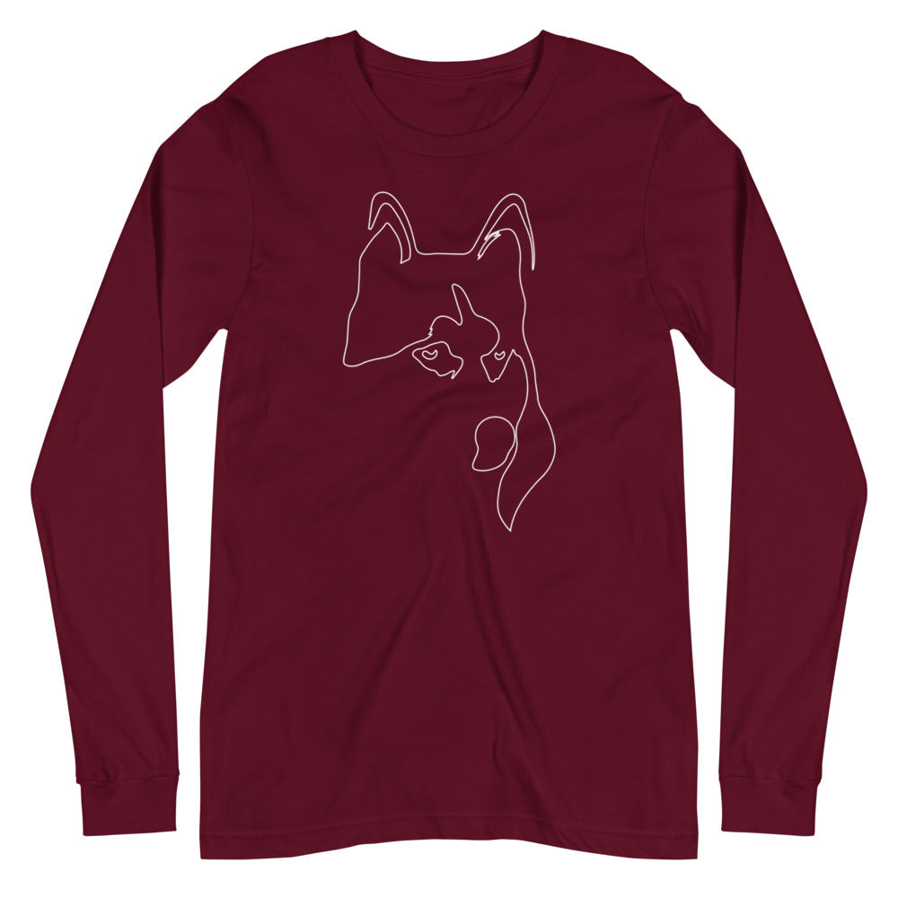 White line Siberian Husky face on unisex maroon long sleeve t-shirt