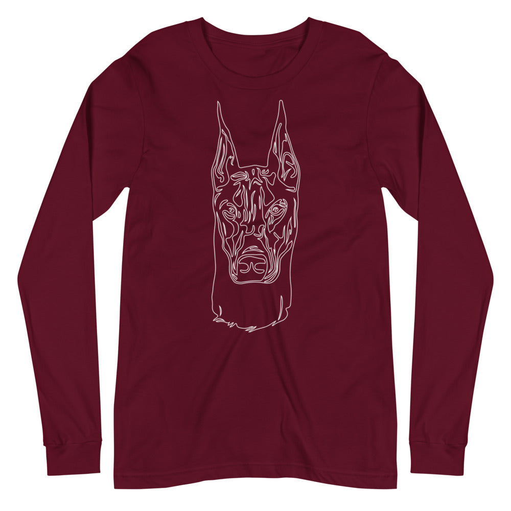 White line Doberman face on unisex maroon long sleeve t-shirt