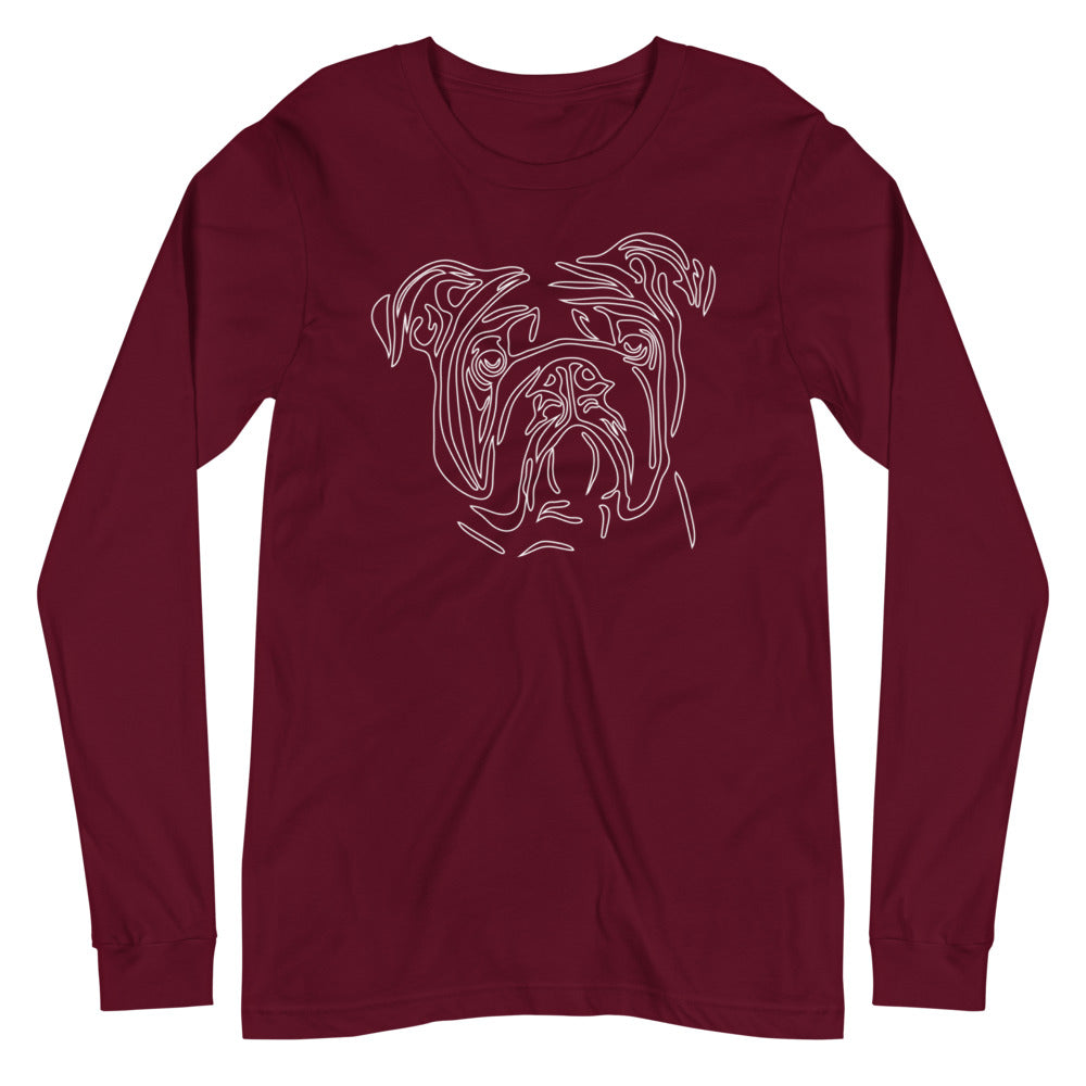 White line Bulldog face on unisex maroon long sleeve t-shirt