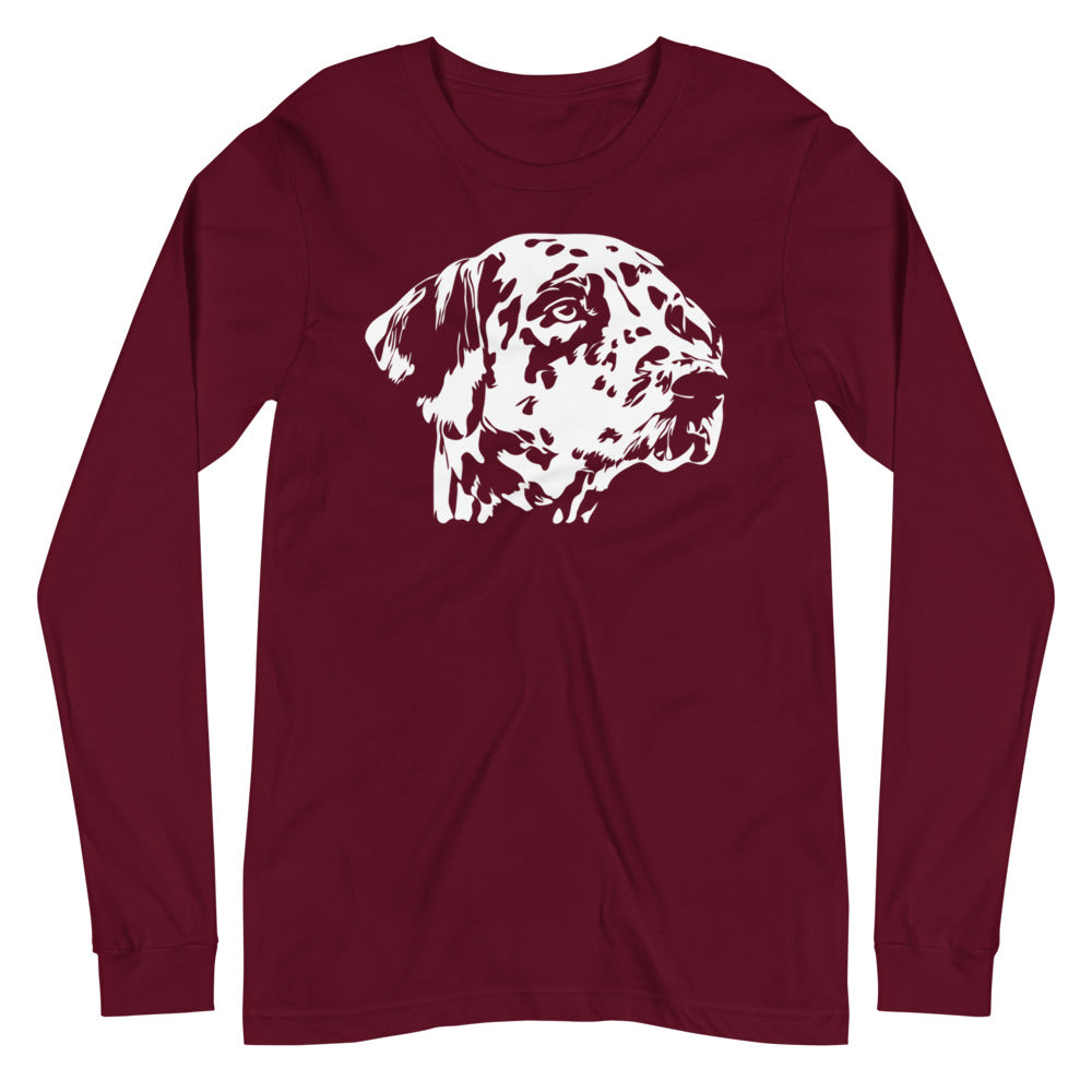 White Dalmatian face silhouette on unisex maroon long sleeve t-shirt