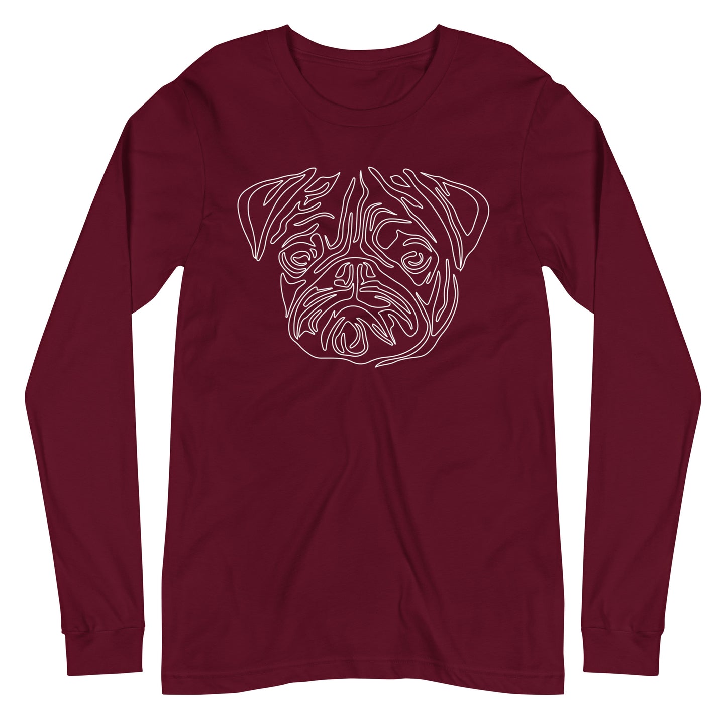 White line Pug face on unisex maroon long sleeve t-shirt