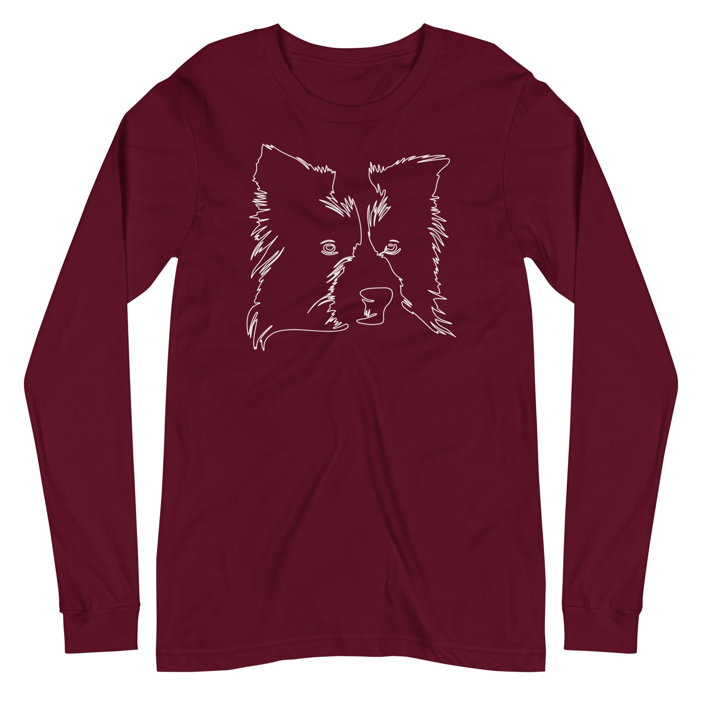 White line Border Collie face on unisex maroon long sleeve t-shirt