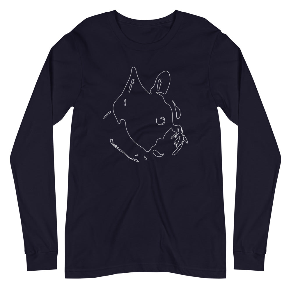 White line French Bulldog face on unisex navy long sleeve t-shirt