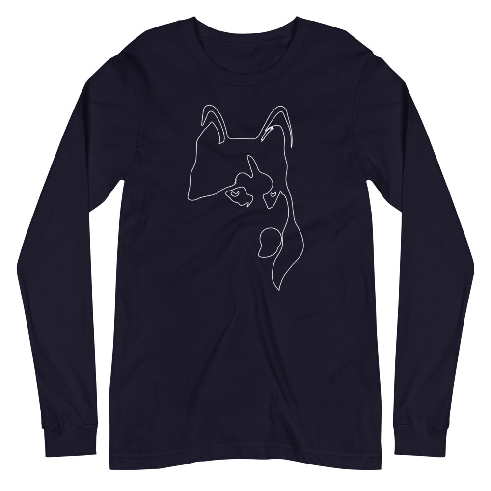White line Siberian Husky face on unisex navy long sleeve t-shirt