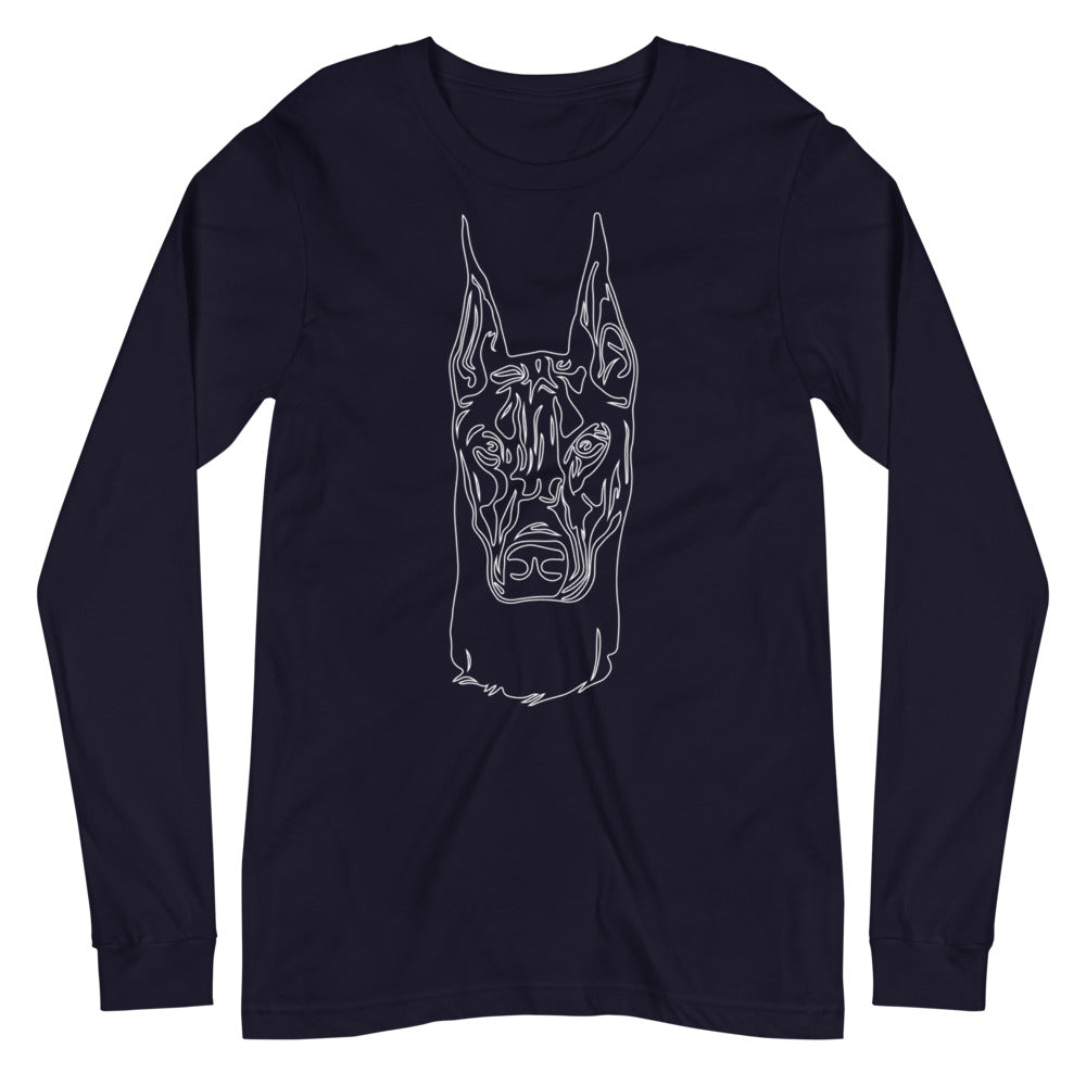 White line Doberman face on unisex navy long sleeve t-shirt