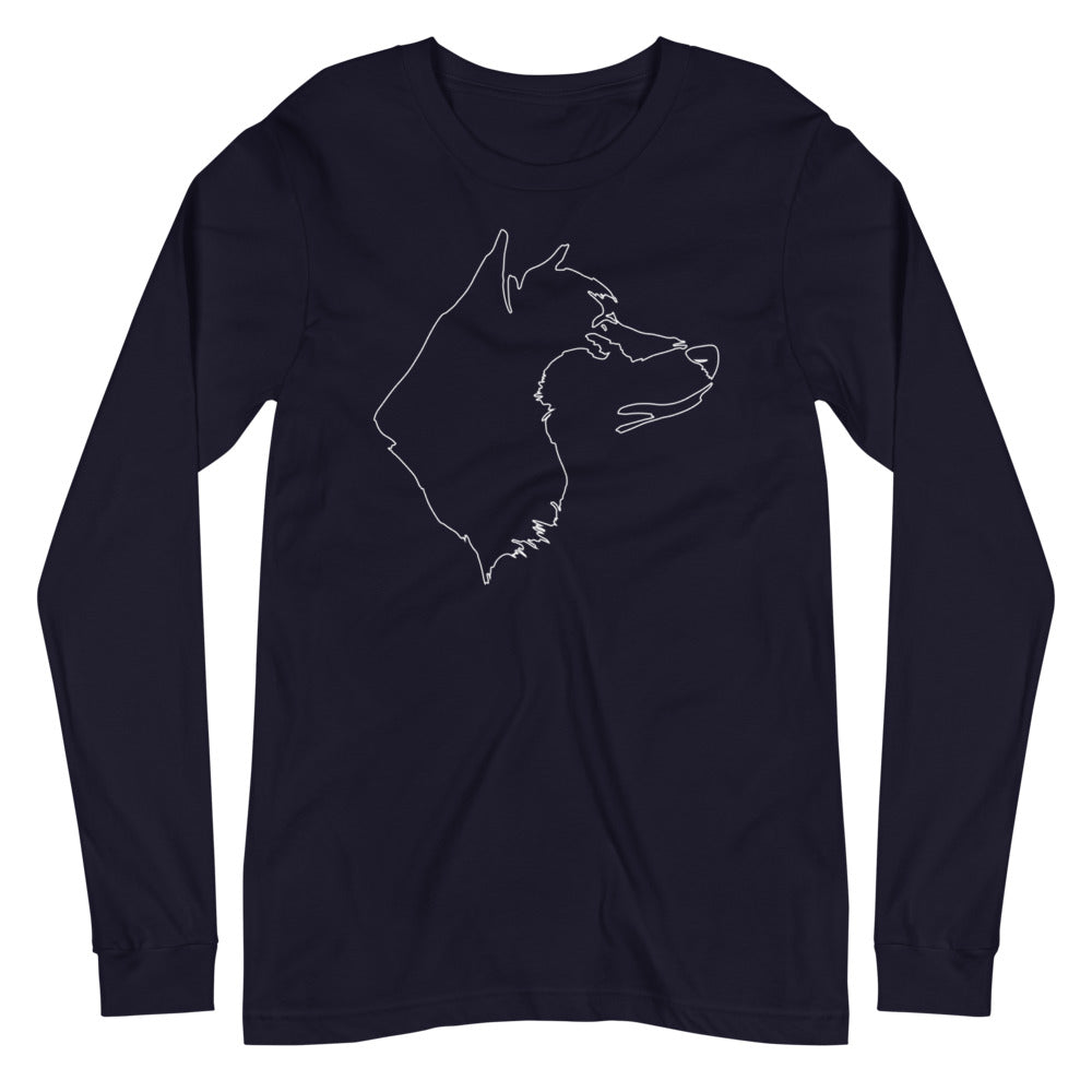 White line Akita face on unisex navy long sleeve t-shirt