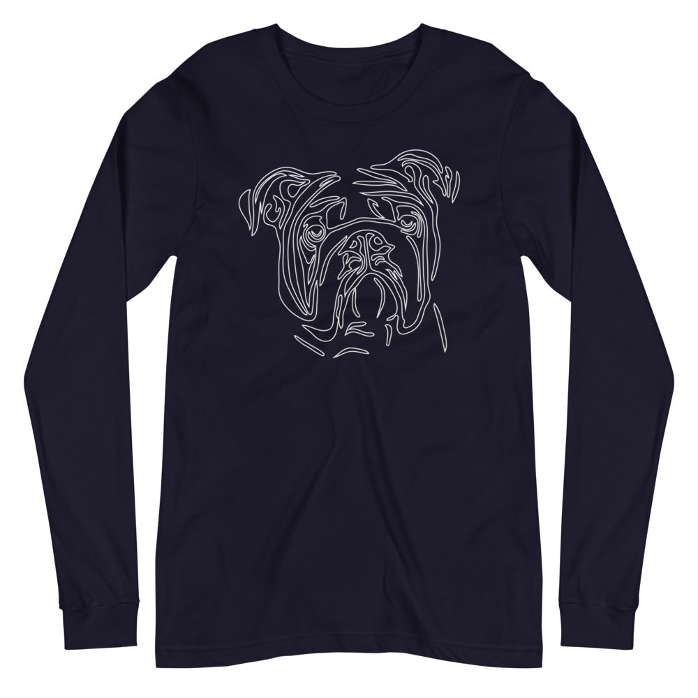 White line Bulldog face on unisex navy long sleeve t-shirt