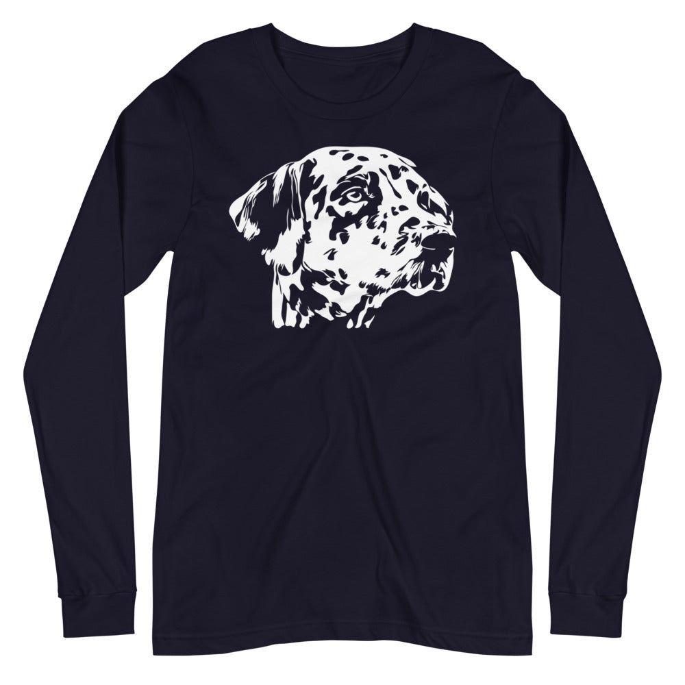 White Dalmatian face silhouette on unisex navy long sleeve t-shirt