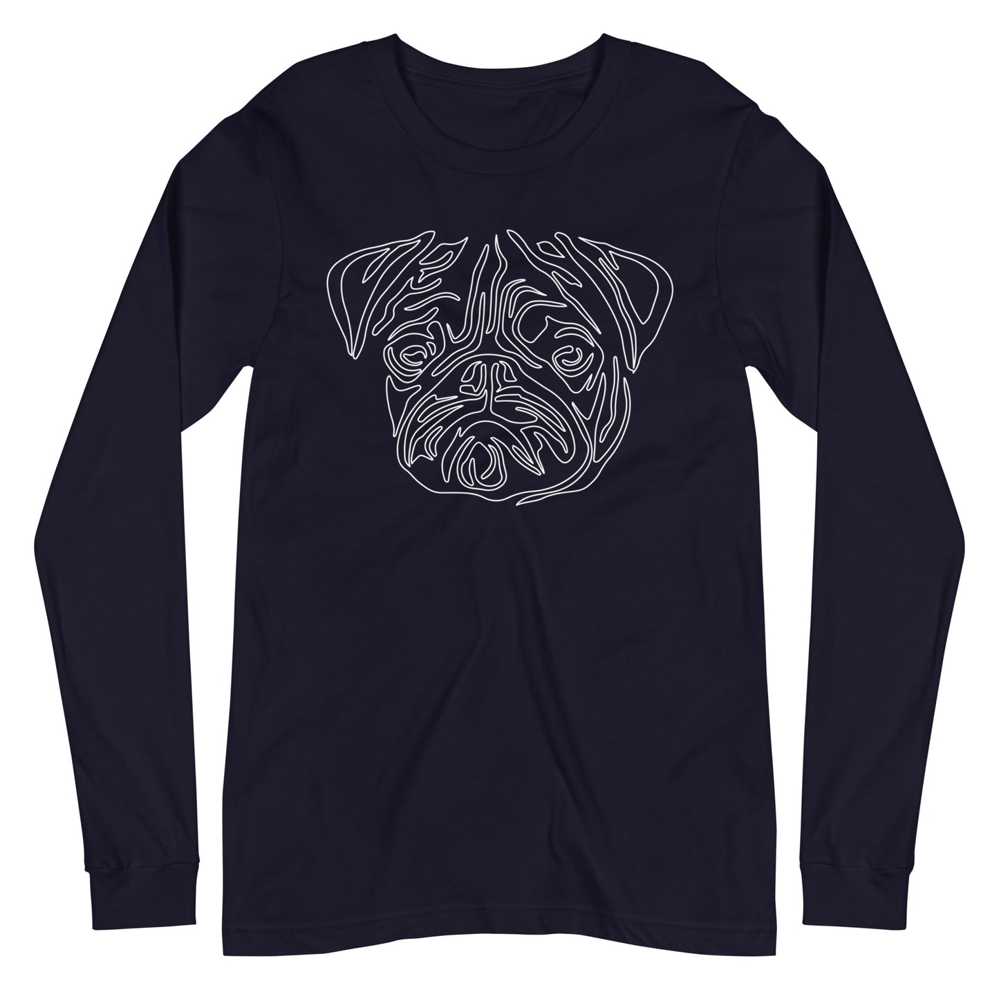 White line Pug face on unisex navy long sleeve t-shirt