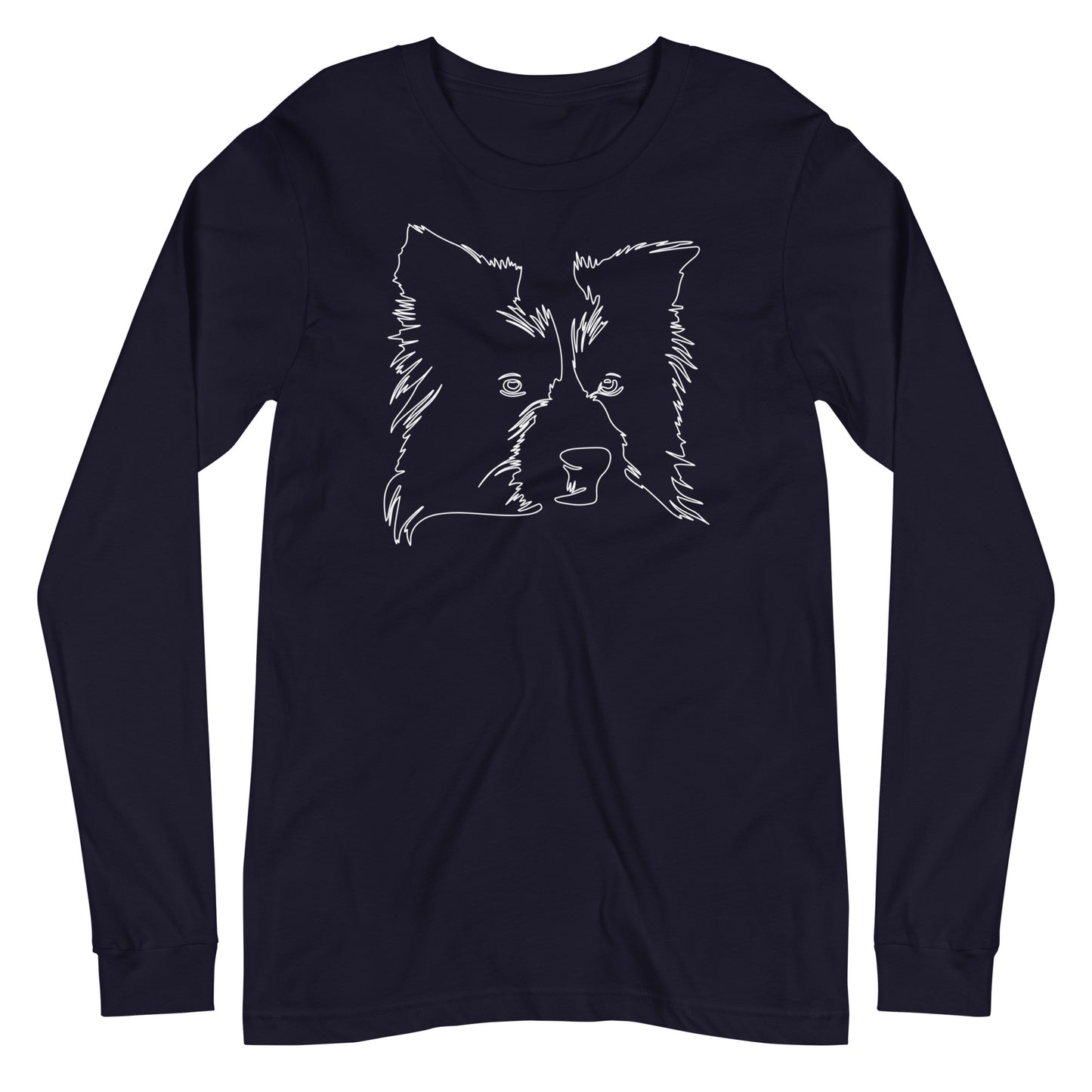 White line Border Collie face on unisex navy long sleeve t-shirt