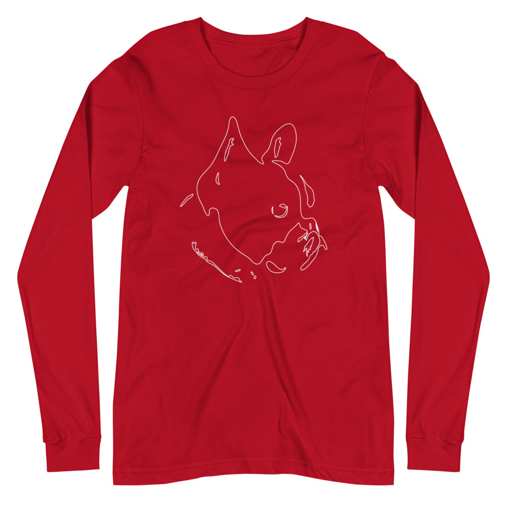 White line French Bulldog face on unisex red long sleeve t-shirt