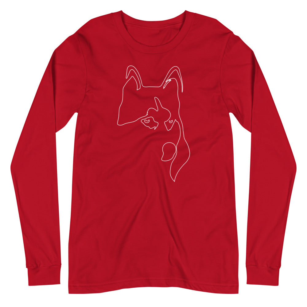 White line Siberian Husky face on unisex red long sleeve t-shirt