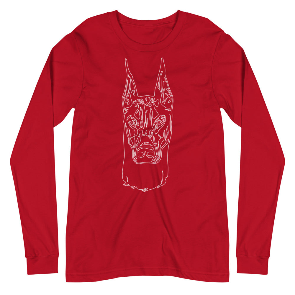 White line Doberman face on unisex red long sleeve t-shirt