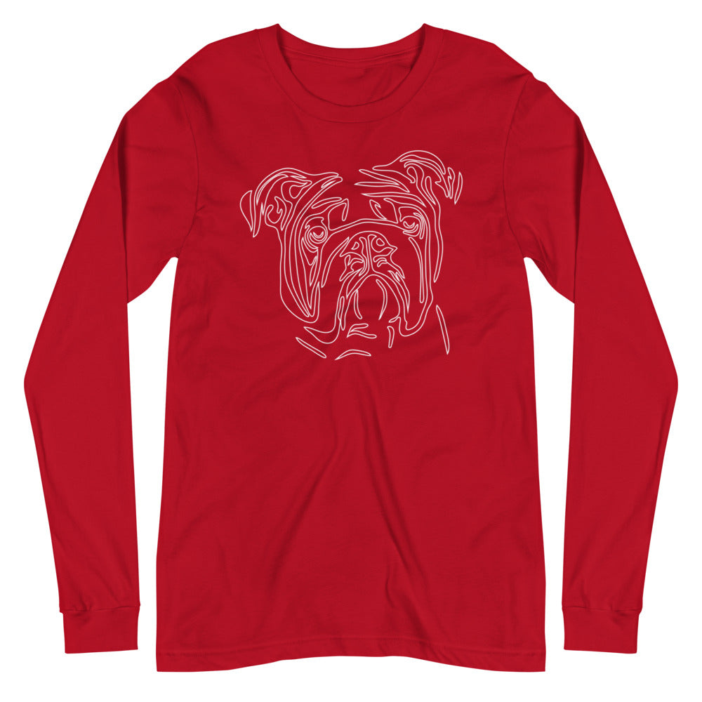 White line Bulldog face on unisex red long sleeve t-shirt