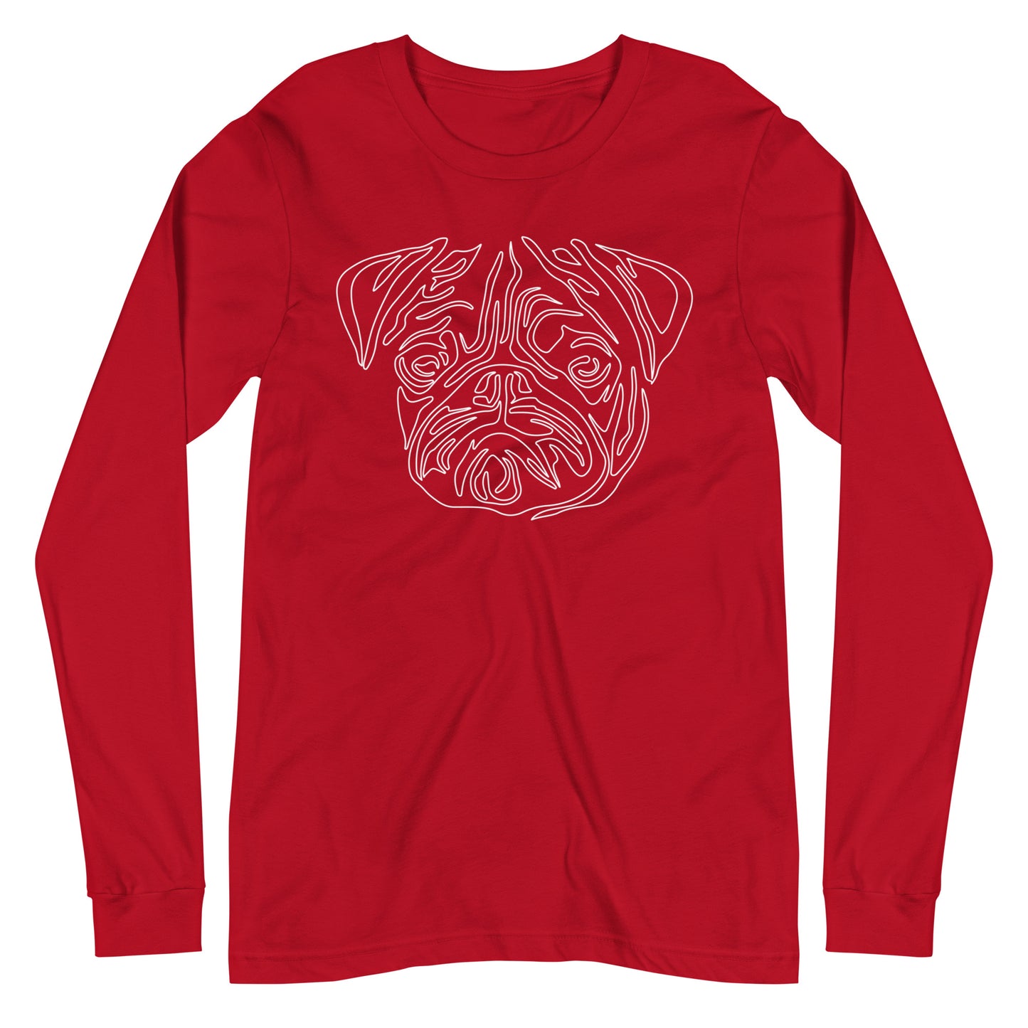 White line Pug face on unisex red long sleeve t-shirt