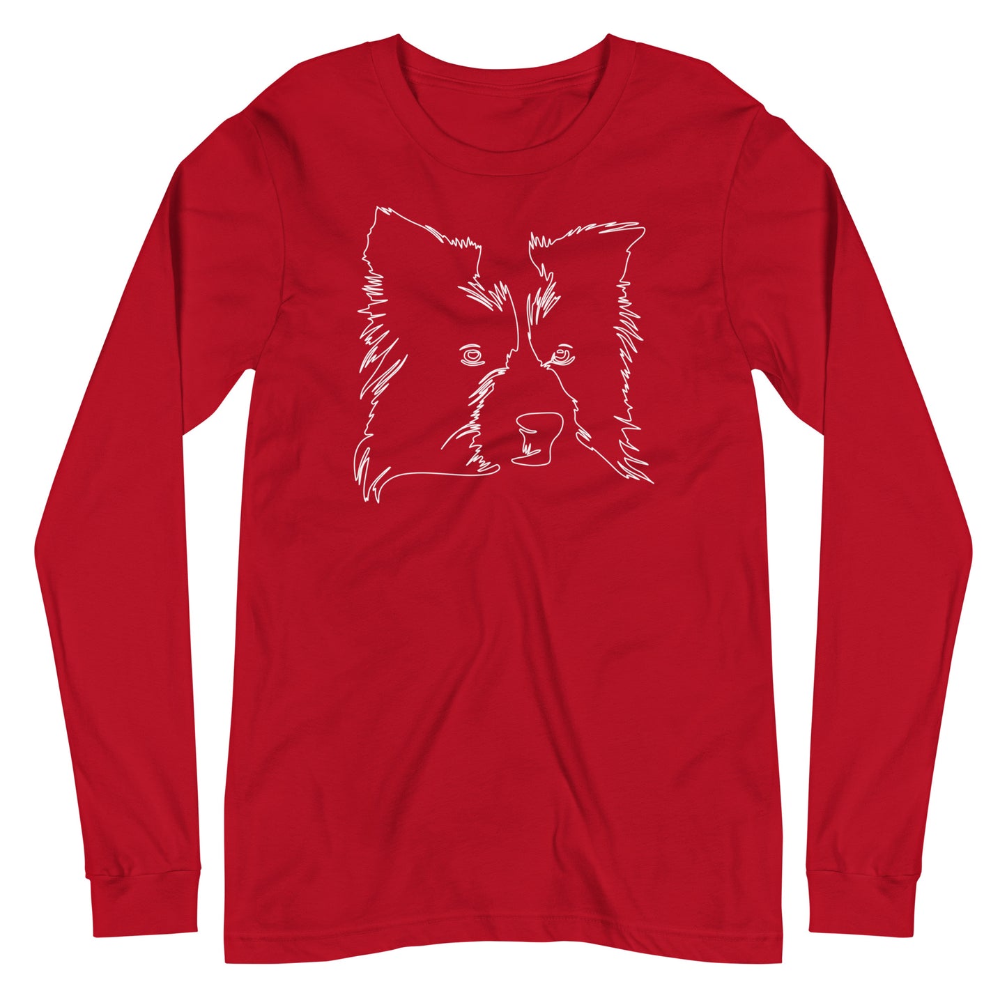 White line Border Collie face on unisex red long sleeve t-shirt
