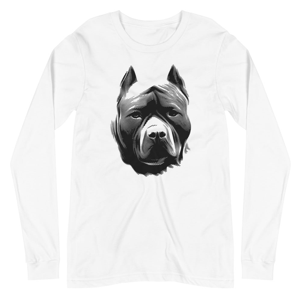 Pit Bull face halftone silhouette on unisex white long sleeve t-shirt