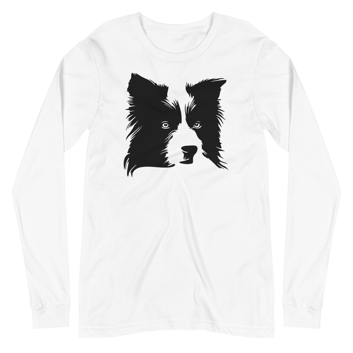 Black Border Collie face silhouette on unisex white long sleeve t-shirt