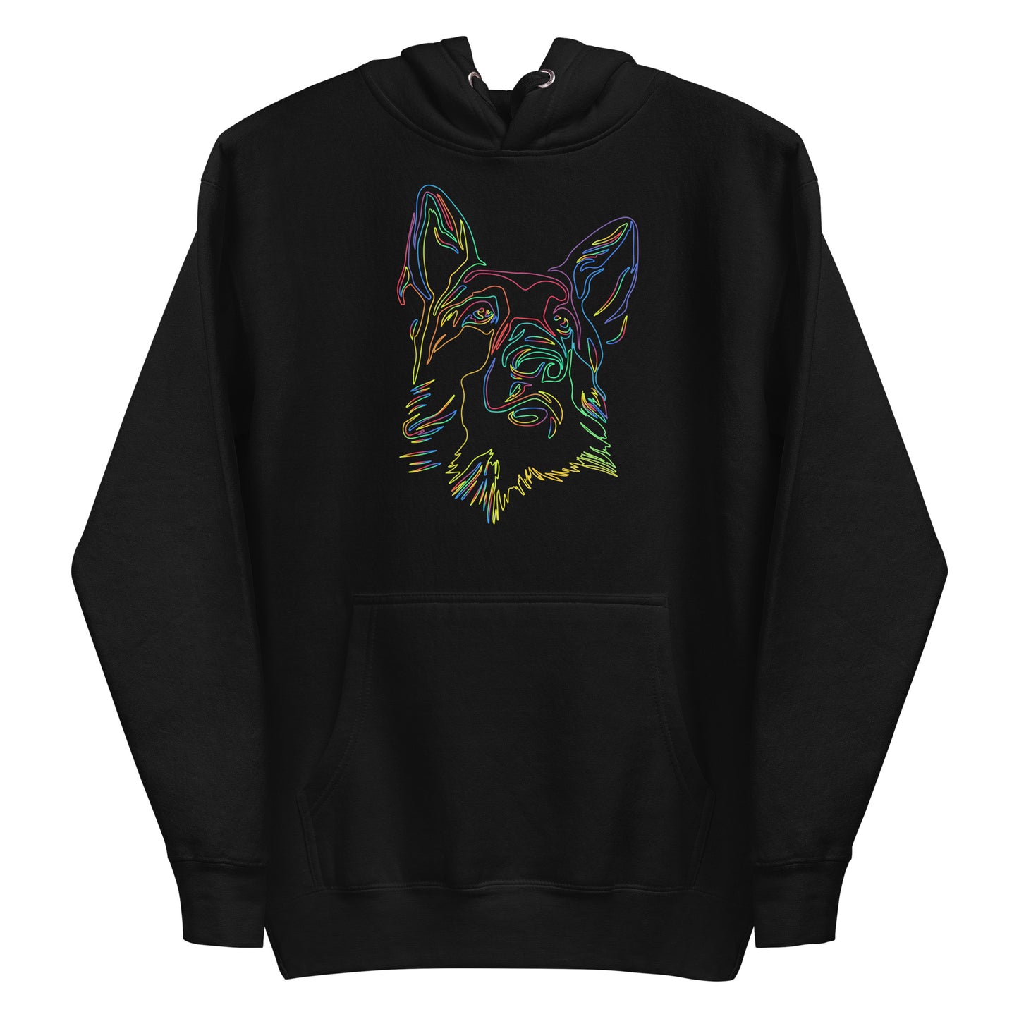 Colored line German Shepherd face on unisex black hoodie