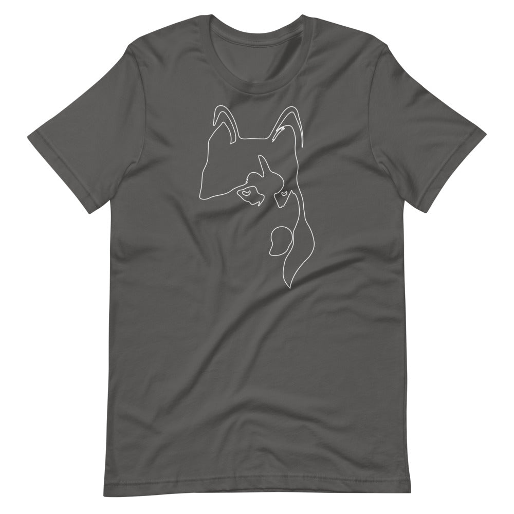 White line Siberian Husky face on unisex asphalt t-shirt