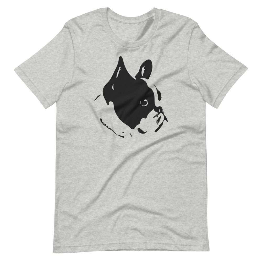 Black French Bulldog face silhouette on unisex athletic heather t-shirt