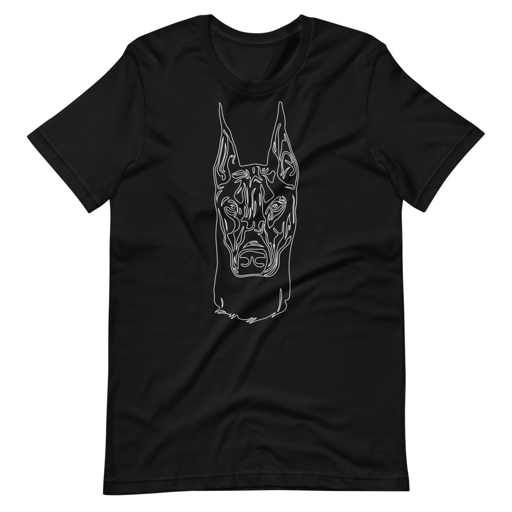 White line Doberman face on unisex black t-shirt