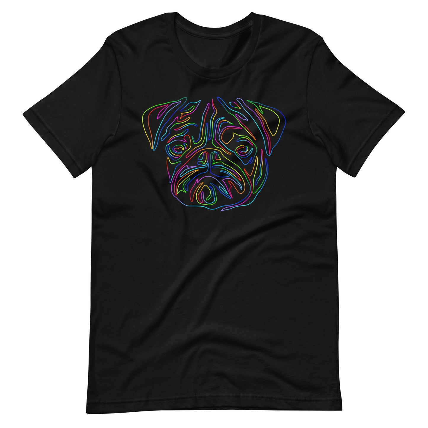 Colored line Pug face on unisex black t-shirt