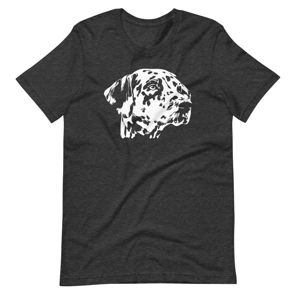 White Dalmatian face silhouette on unisex dark grey heather t-shirt