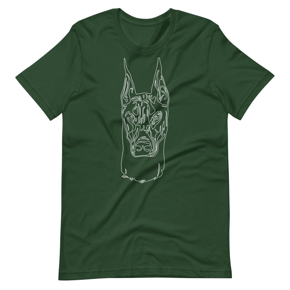 White line Doberman face on unisex forest t-shirt