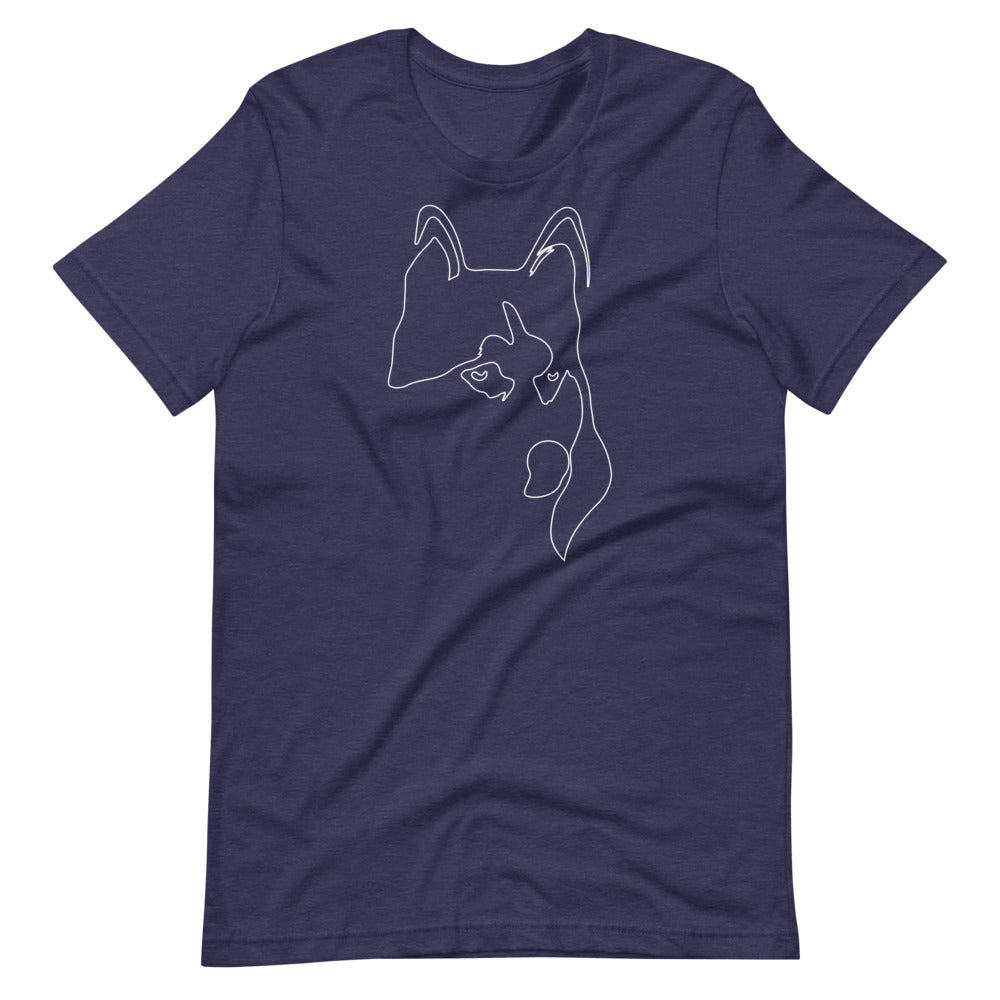 White line Siberian Husky face on unisex heather midnight navy t-shirt