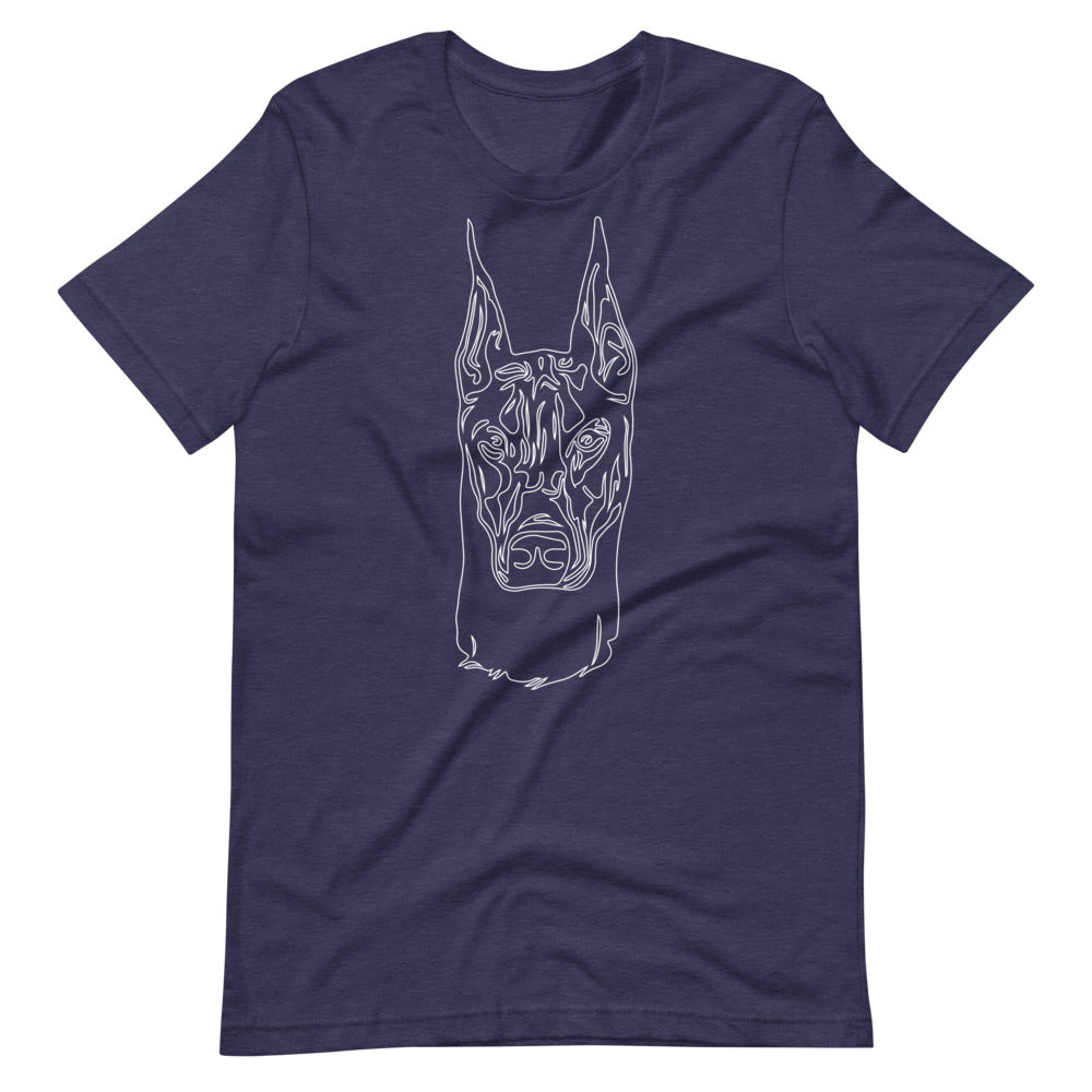 White line Doberman face on unisex heather midnight navy t-shirt