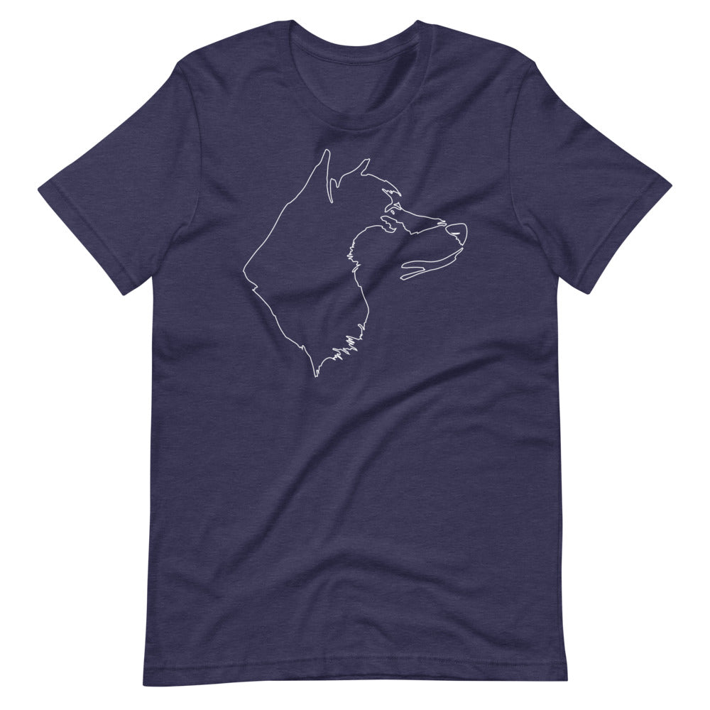 White line Akita face on unisex heather midnight navy t-shirt