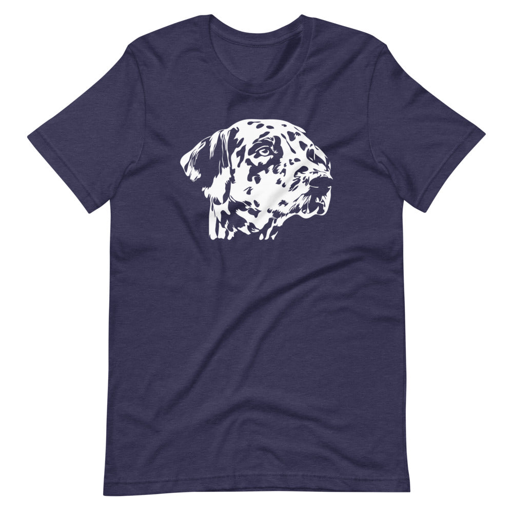White Dalmatian face silhouette on unisex heather midnight navy t-shirt