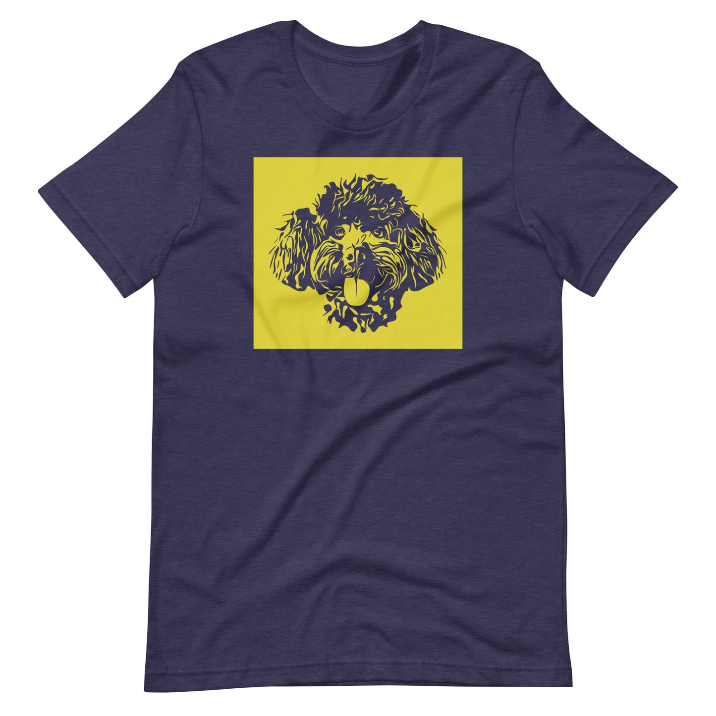 Toy Poodle face silhouette with yellow background square on unisex heather midnight navy t-shirt