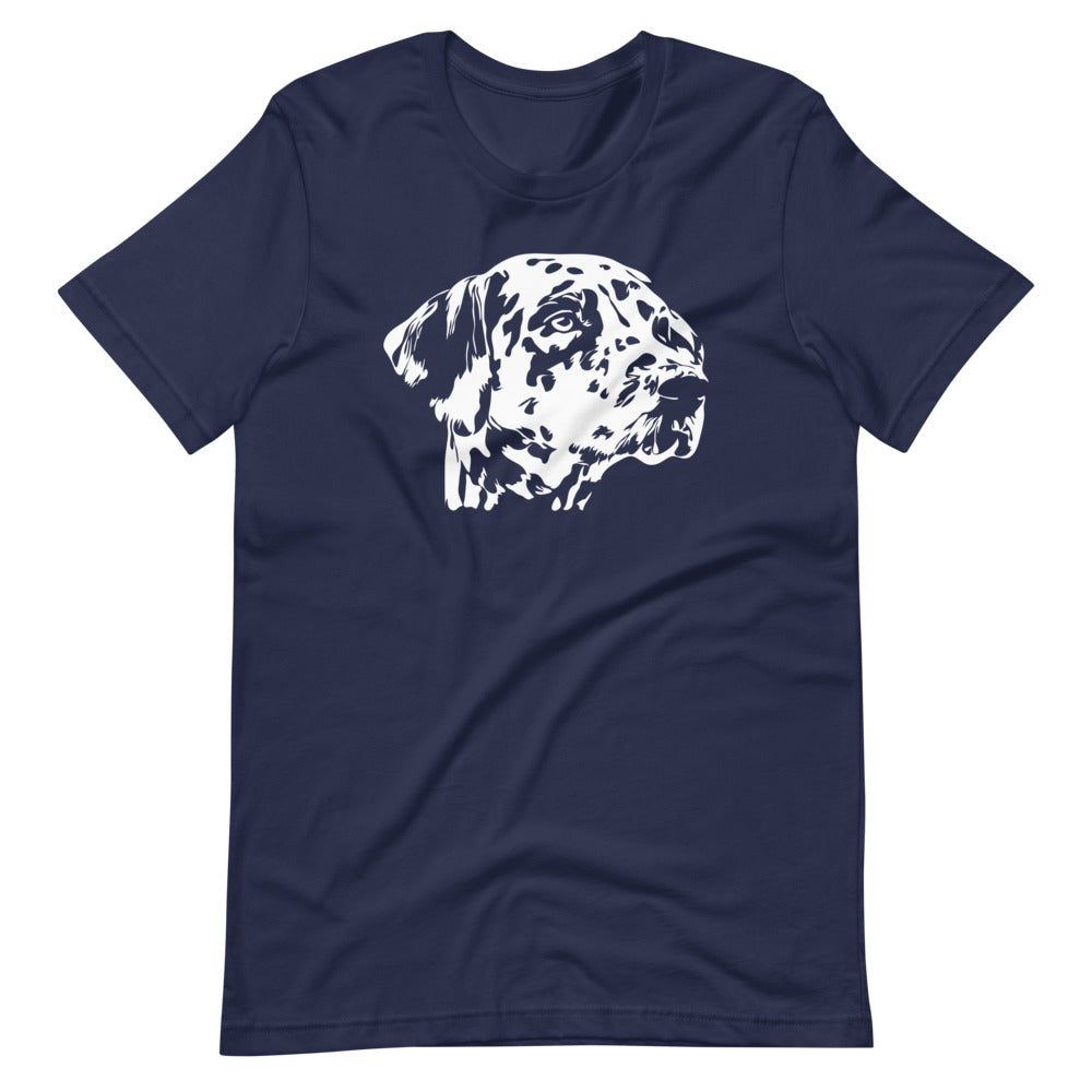 White Dalmatian face silhouette on unisex navy t-shirt